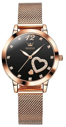 OLEVS Womens Watch Big Face Classic Black Arabic Numerals Dial Ladies Watches Rose Gold Mesh Belt Analog Quartz Women's Wrist Watch Luxury Diamond Heart Luminous Waterproof Watches for Women