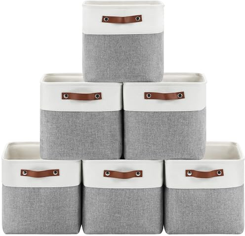 Patvingot 6-Pack Foldable Fabric Storage Cubes 11x11 Inch, Sturdy Cube Organizer Bins with Leather Handles, Storage Baskets for Closet Shelves and Home Organization(White/Gray)