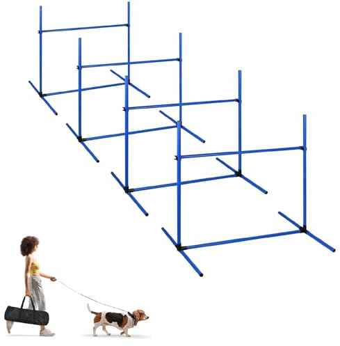 UISEBRT Hund Agility-set, 4 slalomstavar hinderbana för husdjur, PVC hundträningsset med bärväska, höjdjusterbar 104 x 70 x 101 cm, blå