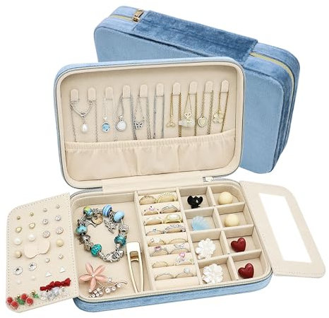 Boxudeli Travel Jewellery Box Large Size Velvet Jewellery Case Portable Small Jewellery Organiser for Earrings Rings Necklaces Bracelets Travel Jewellery Storage Case for Women (Misty Blue)