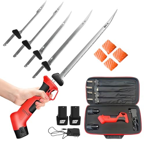 Sladdlös elektrisk filékniv, handhållen fiskfilékniv, steglös variabel hastighet/säkerhetsomkopplare/halkfritt handtag, med 2 batterier/4 Ti-nitrid S.S.-belagda non-stick blad, för hem, restaurang