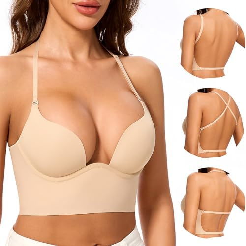 Low Back Bras for Women-Seamless Invisible Backless Bra-Secret Plunge Bra Lightly Lined Multiway Open Back Halter Bras(Nude,34DD)
