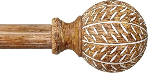 Gormena Curtain Poles for Windows, Adjustable Metal Drapery Rod 80–292cm,2.54cm Diameter Heavy Duty Pole with Wood Grain Effect Leaf Finials, Natural Wood Colour, Boho Style
