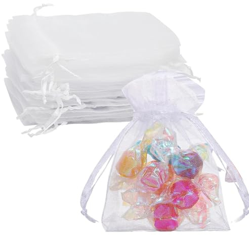 ZHITENG 100 Piezas Bolsas de Organza, 7×9 cm Bolsitas para Regalos con Cordón de Satén Bolsitas de Tela Pequeñas Bolsas Transparentes para Regalos, para Bodas Navidad Cumpleaños Aniversario (Blanc)