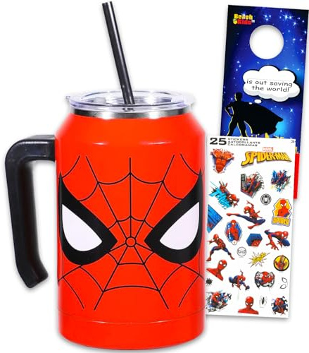 Marvel Spiderman Cup Set - Bundle with 30 Oz Double Wall Stainlesss Steel Tumbler with Handle and Straw Plus Stickers and More | 30 Ounce Spiderman Travel Cup for Boys, Teens, Adults