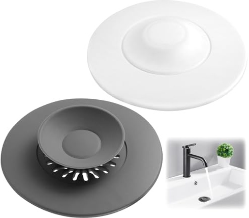 2 Pezzi Tappo Lavandino Universale Silicone, 11.5 cm Tappo di Scarico in Silicone per Doccia, Tappi per Vasca da Bagno Grigio Bianco, per Cucine Bagno Lavanderia Doccia Accessori per Lavelli