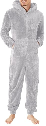 Fleece Onesie Vuxen Herr Fuzzy Fleece Dragkedja Huva Heltäckande Romper Varm Pyjamas Plysch Loungekläder Par Outfit Grå Stor