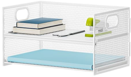 Marbrasse 2 Tier Mesh Desk File Organiser,Paper Letter Tray Organiser with Handle, Metal A4 Paper Tray,Magazine Document Desk Organizer Holder for Home Office School (White)