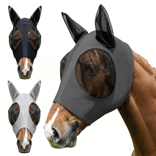 2 stycken flugmasker för små och medelstora hästar, superkomfort stretchig hästflugmask med öron och pannlockshål, elastiskt material, andningsbart, lätt, UV-skydd, mjuk och perfekt passform (svart +