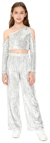 Riismen Costume Danza Jazz Bambine Con Spaghetti Strap E Sequins Top Corto Una Spalla Con Frange E Pantaloni In Sequins Brillanti Corrispondenza Argento 13-14 anni