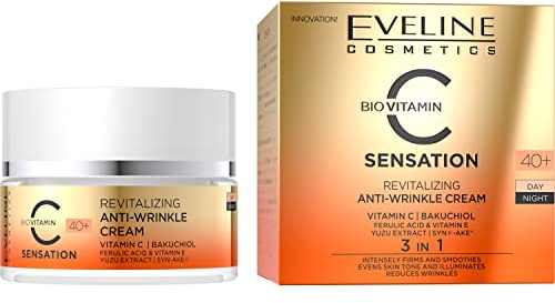 Eveline Cosmetics C-Sensation Verjüngende Anti-Falten-Creme 40+ mit Vitamin C, E, Ferulasäure, Bakuchiol & Hyaluronsäure - 50ml