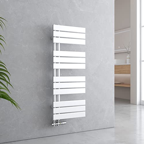EMKE Radiador de baño plano, 1041 x 400 mm, blanco, calentador de toallas para cuarto de baño, toallero de toalla, conexión lateral para agua, 456 W