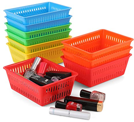 10 Pack Mini Storage Baskets Bins, Plastic Organizer Basket, Colorful Shelf and Desk Make-up Storage Crate Organizing Containers, Ideal for Home Classroom Office Organization. 6.1L x 4.5W x 2.4H