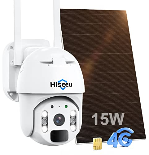 Hiseeu 【15600mAh Batteria 3G/4G LTE Telecamera da Esterno a Batteria con Scheda SIM,100% Senza Fili 2K PTZ Telecamera con 15W Pannello Solare, Visione Notturna a Colori,Rilevamento del movimento PIR