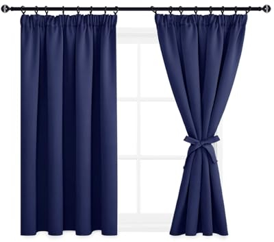 DWCN Blackout Curtains for Bedroom Thermal Insulated Curtains with Tiebacks Pencil Pleat Window Curtains for Living Room 46 x 54 inch Length, Navy Blue, 2 Panels