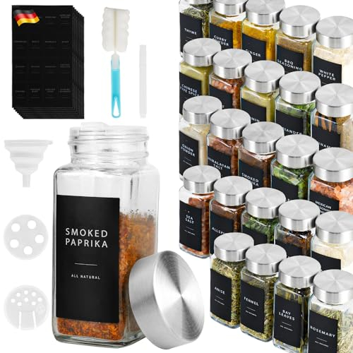 Lannvan Set di 24 Barattoli per Spezie 120ml - Contenitori con Coperchio, Setaccio, Etichette, Spazzola e Imbuto per Cucina