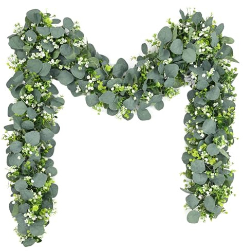 Waipfaru 2Pcs Eucalyptus Garland, 5.9FT Greenery Garland, Green Garland with Flowers, Artificial Faux Silver Dollar Eucalyptus Leaves Vines for Table Home Wedding Mantle Party Indoor Outdoor Decor