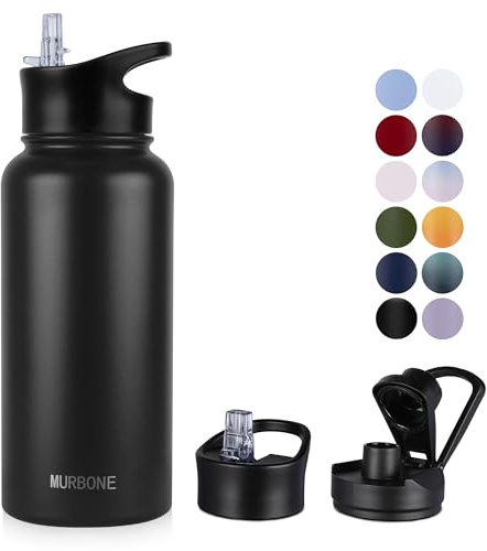 MURBONE Insulated Water Bottle, 1L Stainless Steel Drink Flask with Straw, BPA Free, 2 Lids (Straw Lid and Spout Lid), Leakproof Double Walled Vacuum Water Bottle, Black
