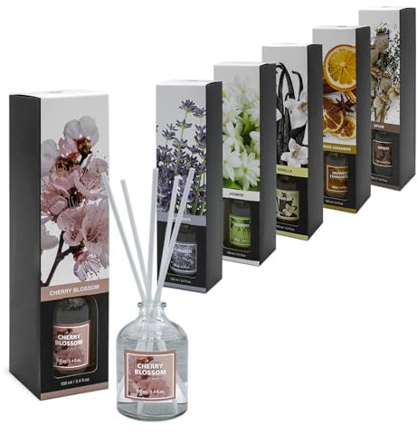 Spetebo Raumduft mit Diffuser Sticks in 6 verschiedenen Düften - 6er Set - Duftdiffuser 100 ml mit 5 Stäbchen - Raum Erfrischer Lavendel Jasmin Kirschblüte Orange-Zimt Opium Duft Aroma Therapie