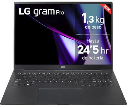 LG gram Pro 16Z90SP-A.AD88B - Portátil Ultraligero de 40.6 cm (16), OLED, Intel Core Ultra 7, 32 GB RAM, 1TB SSD, batería hasta 24.5 h, 1,2kg, NVIDIA RTX3050, W11 Home, Negro, Teclado QWERTY Español