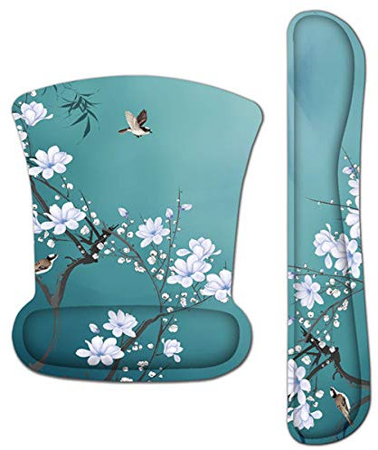 Mibbxea - Set Ergonómico de Teclado y Mouse Pad con Reposamuñecas - Alfombrilla Gaming Antideslizante para Laptop, PC, Oficina y Hogar - Cómodo y Ligero (Flor Blanca, pájaro)