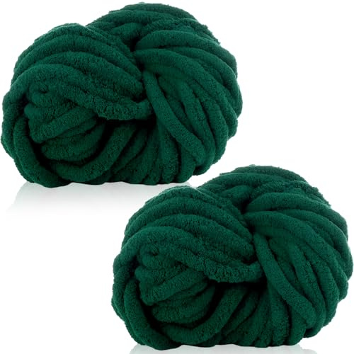 Duscdesp 2 Pack 240g Super Chunky Yarn for Hand Knitting,Thick Wool Yarn,Chenille Chunky Blanket Yarn for Hats Scarf Blankets Cushion Cat Bed(Dark Green)