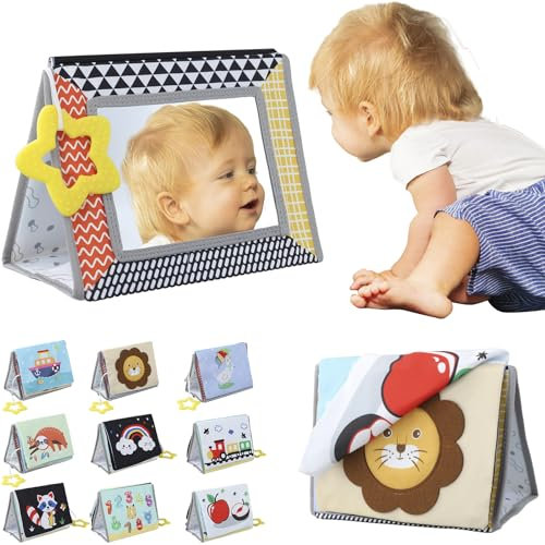 ALFFREUDE Baby Spiegel Spielzeug 0-3 Monate Spiegel Baby mit Stoffbuch Faltbarer Spielzeug mit Knisterbuch Lernspielzeug Bauchlage Spielzeug Baby