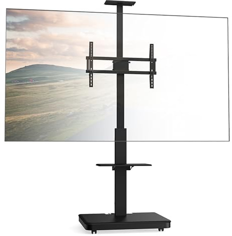 XTRARM Elite mobilt, höjdjusterbart TV-stativ för 40-86 tum och max 60 kg, vinklingsbart stativ upp till max VESA 600x400, med hyllor och uttag, svart, manuell