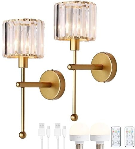 LOGT 2 St Guld Kristall Vägglampa Uppladdningsbar Retro Vägglampa Dimbar Fjärrkontroll Utan strömanslutning Vägglampor inuti glas USB-laddning Sänglampa Vintage Batteridriven Läslampa Vägg