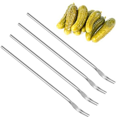 MBAIYO 4Pcs Pickle Forks, 8.66 Inch Pickle Forks for the Jar Long Handle Pickle Grabber Tool Olive Fork Stainless Steel Cocktail Fork for Jars Olives Cocktails Desserts Fruit