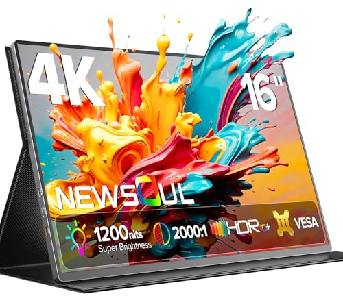 Newsoul 16 Zoll 4K Portable Monitor mit 1200 nits Helligkeit, 3840 x 2400 UHD Tragbarer Monitor, 2000:1 Kontrast, 100% sRGB, IPS, Tragbarer Mobiler mit USB-C- und HDMI für Laptop/PC/PS5/4/Xbox