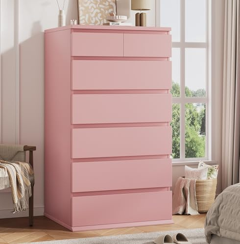 Pink Tall 7 Drawer Dresser for Bedroom, Modern Wood Closet Dressers & Chests of Drawers with Jewelry Storage, 23.6 L*15.8 W*47.5 H in Large Vertical Dresser for Bedroom, Living Room, Nursery