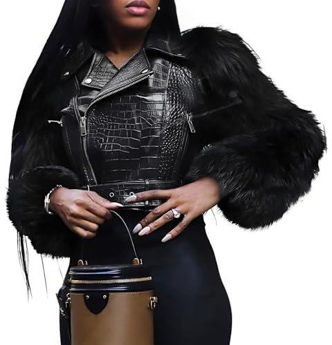 Akmipoem Leather Jacket Women Cropped PU Moto Coat Faux Fur Sleeve Short Biker Jackets Fall Streetwear with Belt Black S