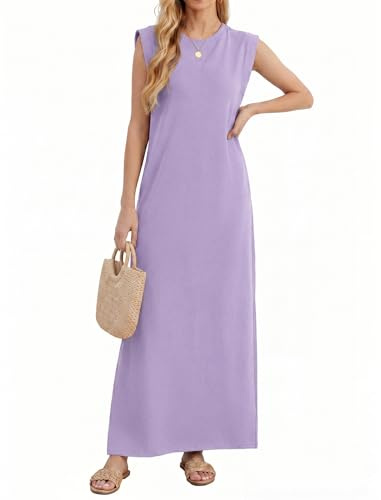 Enmain Womens Maxi Dress Summer Sleeveless Round Neck Casual Basic Long Tank Dresses for Women UK with Side Slit Pockets Leak-Proof Underarm Wrinkle-Free Solid Colour S-3XL