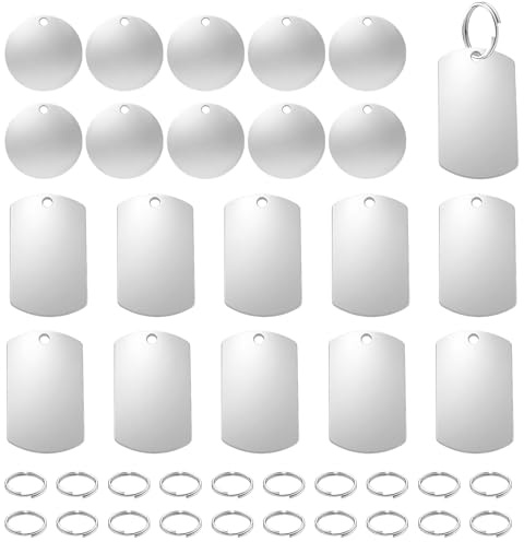 Hängare i rostfritt stål, 20 stycken råämnen hundetiketter, stansning tomma hundmärken med 20 nyckelringar för gör-det-själv-halsband, husdjurskort (10 runda + 10 rektangulära)