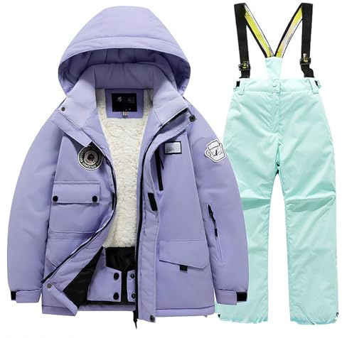Traje de esquí para niños, traje de invierno, chaqueta y pantalón, cortavientos, cálido, unisex, ropa de snowboard, verde, 12-14 años