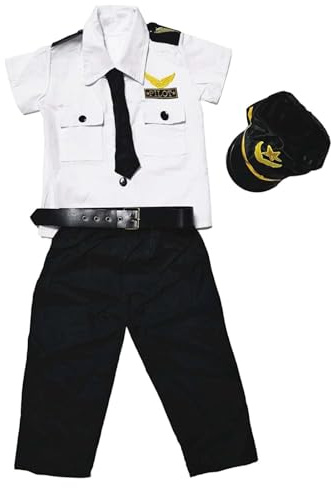 Generico Costume Pilota Bambino, Capitano Pilot Costume Bambini,con Cappello + Camicia + Pantaloni + Cravatta + Cintura per Bambino Bambini Halloween Carnevale Cosplay,Vestito Carnevale Bambino