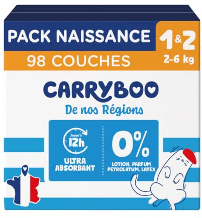 CARRYBOO - Couches Taille 1 & 2 – Duo évolutif naissance (2 à 6 kg) - Saines et Ultra Absorbantes - 12h Anti Fuites - T1 x 48 couches & T2 x 50 couches - Fabriquées en France