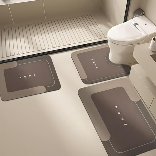 Jyswx 3-Piece Diatomite Bath Mat Set – Quick-Drying Anti Mould Bathroom Mats, Non Slip Absorbent Bath Rug Set with U-Shaped Toilet Mat, Khaki, 50x80+50x60U+40x60cm