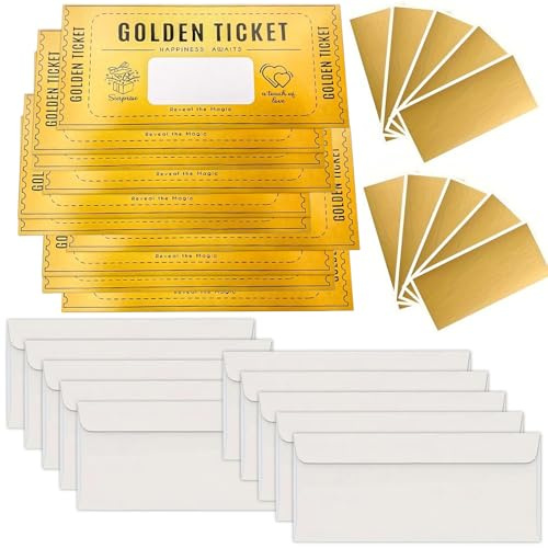 FAYAHAR 10 Pièces Golden Ticket, Carte à Gratter Ticket d'or avec Autocollants à Gratter et Enveloppe, Chèques Cadeaux Vierges, pour Femme et Homme, DIY, Mariage, Anniversaire