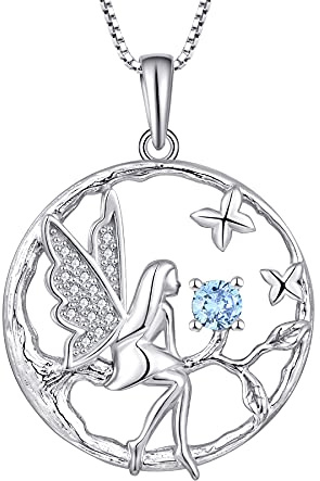 FJ Damhalsband skyddsängel halsband 925 sterlingsilver livsträd hänge älva fjäril halsband med födelsesten, smyckesgåvor för kvinnor, flickor, Sterlingsilver, Akvamarin
