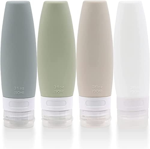 Lot de 4 flacons de voyage étanches en silicone Approuvé par la TSA sans BPA Flacon de rangement souple et réutilisable pour shampooing, protection solaire, articles de toilette, etc. (90 ml)