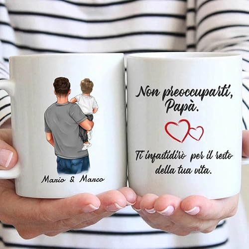 Vulfire Papà e figlio Tazza Regalo uomo compleanno - Nome, Capelli, Abito e altro da Personalizzare. Idee Regali per lui per Natale festa del papà (Bianco, Ceramica)