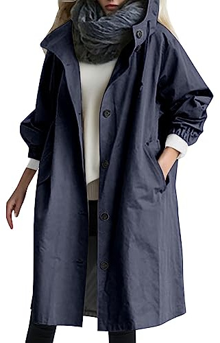 Duohropke Chubasquero para Mujer Impermeable Transpirable Cortavientos - Chaqueta Larga Funcional Softshell Ligera de Entretiempo, Marine, S