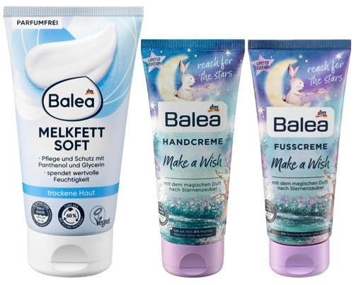 Balea Hautpflege-Set: Melkfett Soft Schutz Pflege Feuchtigkeit für trockene Haut mit Panthenol & Glycerin, parfumfrei, 150 ml + Handcreme Make a Wish, 100 ml + Fusscreme Make a Wish, 100 ml (350 ml)