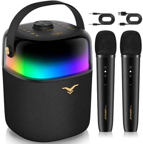Tragbarer Karaoke Maschine, Karaoke Anlage mit 2 Mikrofonen für Erwachsene und Kinder, Bluetooth Lautsprecher mit RGB-Licht, PA Anlage mit Bass-/Treble-Regelung,Partybox unterstützt FM/AUX/USB/6,35 mm