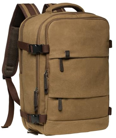 KAUKKO Canvas 40L Reiserucksack, Freundlich Handgepäck Rucksack Travel Backpack für 15,6 Zoll Laptop, Flug Genehmigt Bordgepäck Wasserabweisend Kabinenrucksack für Weekender Trip, FH12-Braun