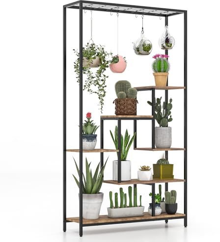 GOPLUS 6 våningar växtställ, växthylla med hängande hylla och 10 S-krokar, blomhylla, blomställ, blomtrappa för vardagsrum och balkong, 100 x 30 x 180 cm (rustik brun)