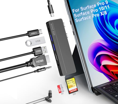 Surface Pro 11/10/9/8/X Docking Station – Surface Pro 9/10/11 Adapter mit 4K HDMI, Thunderbolt 4 (8K@30Hz Video+40G Daten+100W PD), USB3.0, SD/TF Kartenleser Microsoft Surface Pro 11 Docking Station