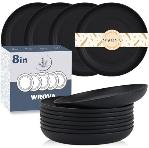 Wrova Dinner Plate Sets of 8 - Unbreakable Plastic Plates Reusable 8 Inch,Dishwasher & Microwave Safe Plates - Lightweight Dinner Plates (Pure Black)